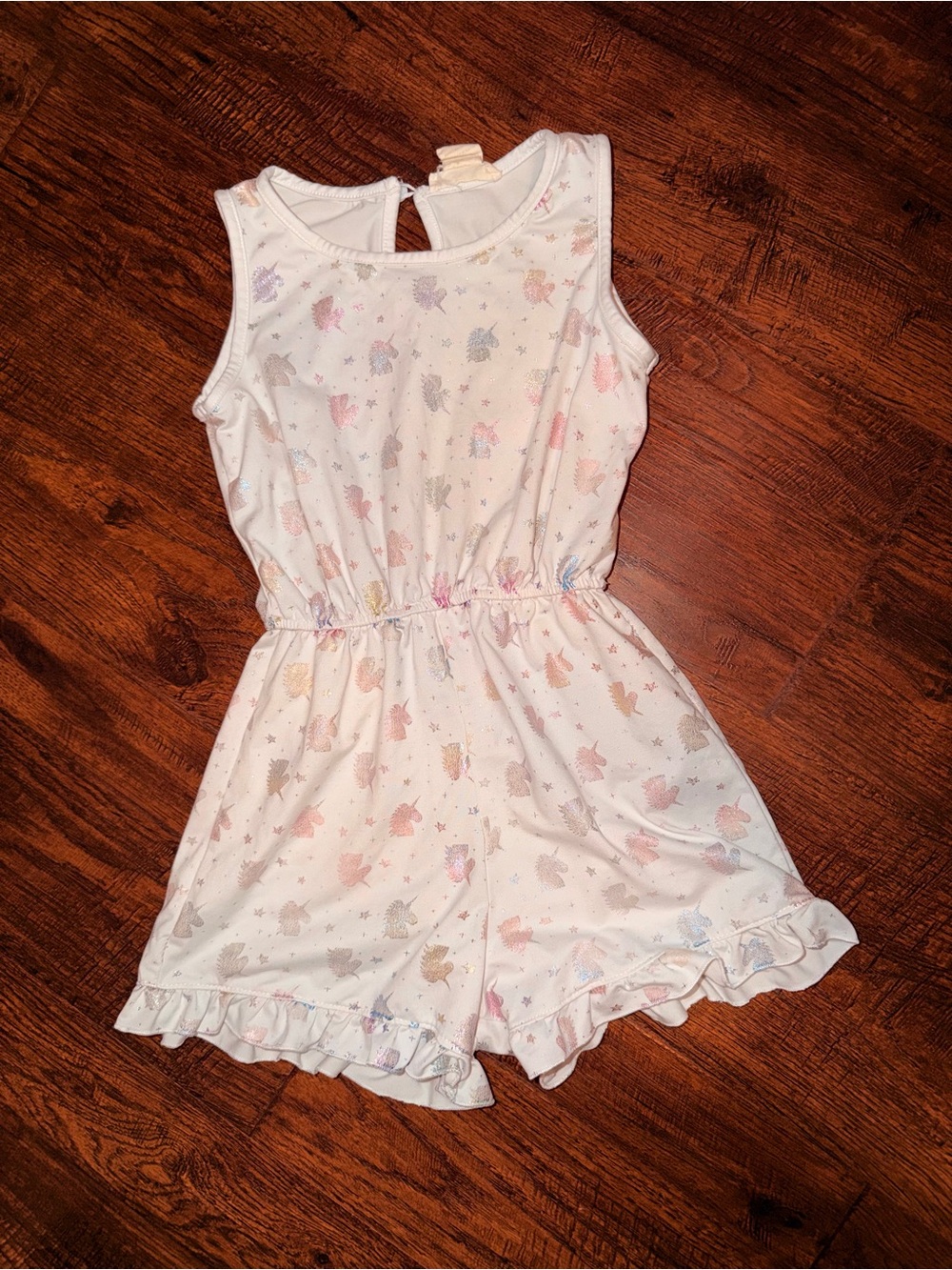 Girls' White Unicorn Print Sleeveless Romper
